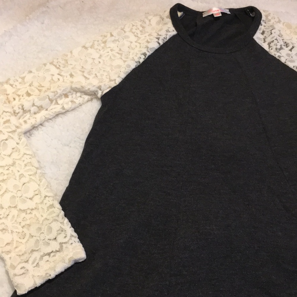 Women's Charcoal Raglan Top with Ivory Lace Sleeves
